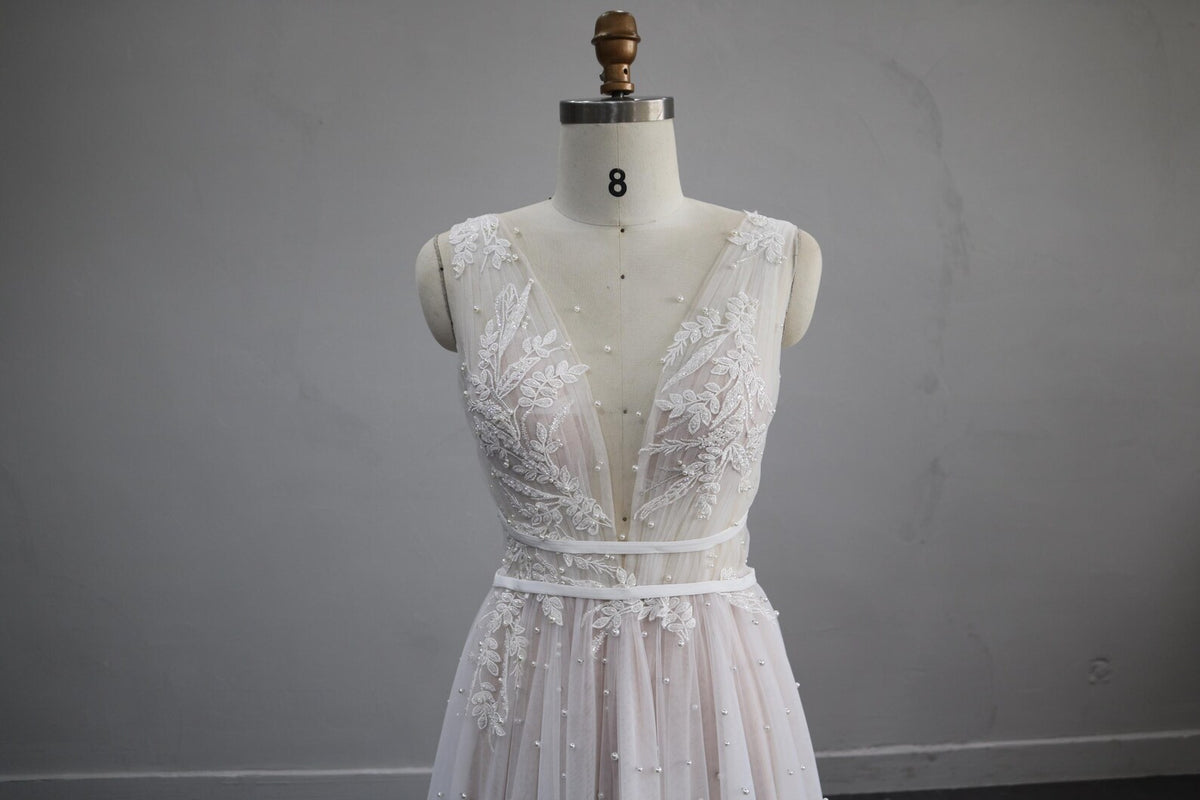 Deep V Lace Tulle Wedding Dress, Sleeveless A-line Bridal Gown with Pearl Beading, Ivory Flowy Wedding Dress with Train