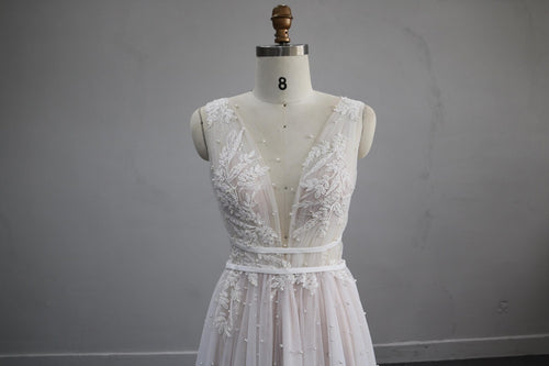 Deep V Lace Tulle Wedding Dress, Sleeveless A-line Bridal Gown with Pearl Beading, Ivory Flowy Wedding Dress with Train