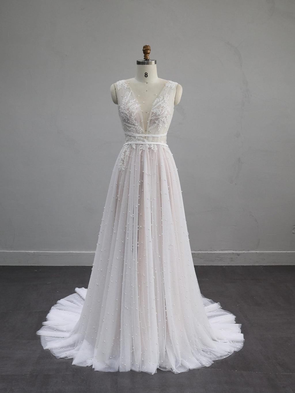 Deep V Lace Tulle Wedding Dress, Sleeveless A-line Bridal Gown with Pearl Beading, Ivory Flowy Wedding Dress with Train