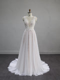 Deep V Lace Tulle Wedding Dress, Sleeveless A-line Bridal Gown with Pearl Beading, Ivory Flowy Wedding Dress with Train