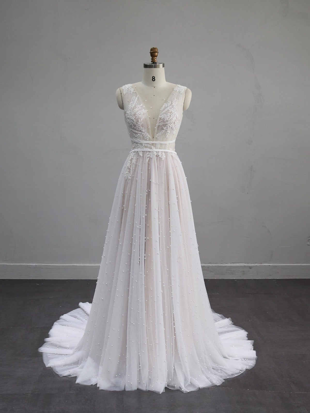 Deep V Lace Tulle Wedding Dress, Sleeveless A-line Bridal Gown with Pearl Beading, Ivory Flowy Wedding Dress with Train