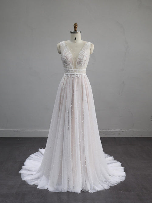 Deep V Lace Tulle Wedding Dress, Sleeveless A-line Bridal Gown with Pearl Beading, Ivory Flowy Wedding Dress with Train