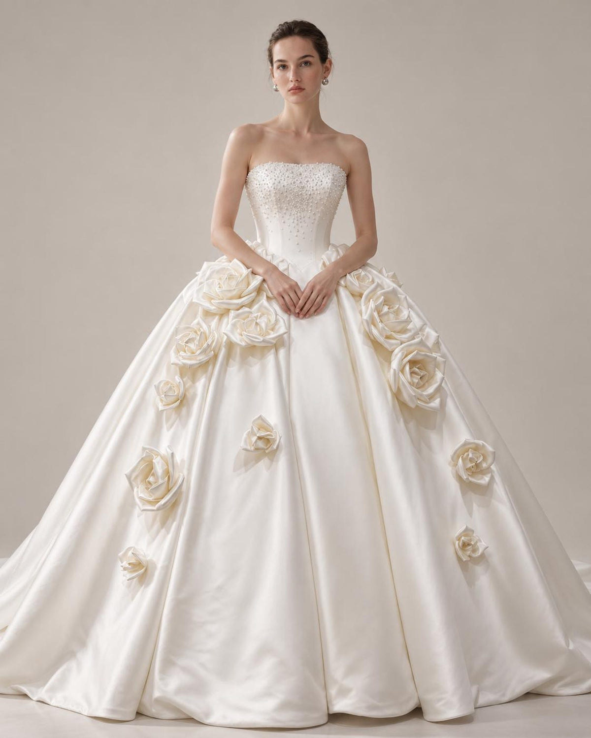 Strapless Beaded Satin Ball Gown Wedding Dress, 3D Large Satin Rose Floral Voluminous Bridal Gown