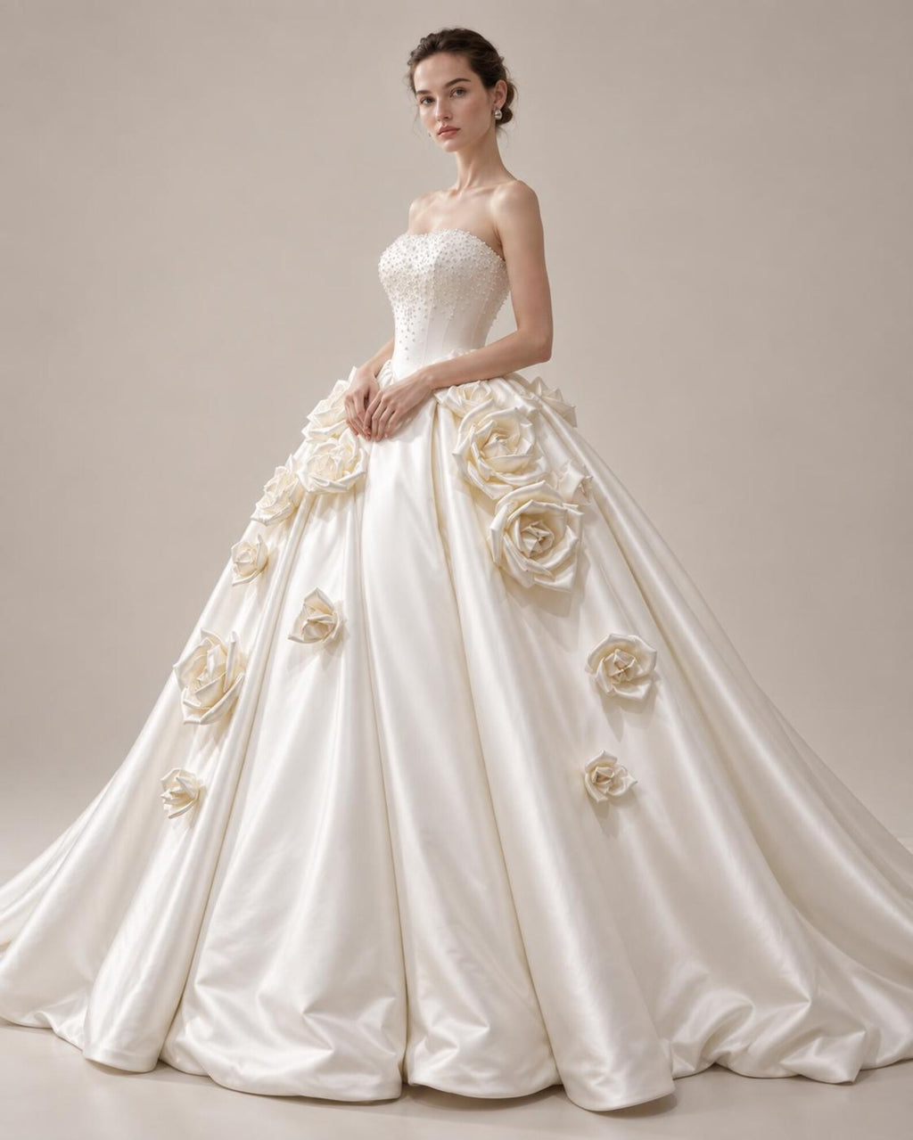Strapless Beaded Satin Ball Gown Wedding Dress, 3D Large Satin Rose Floral Voluminous Bridal Gown