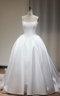 Strapless Mikado Satin Ball Gown Wedding Dress, Minimalist Plain Bridal Gown with Train, Custom Simple Wedding Gown