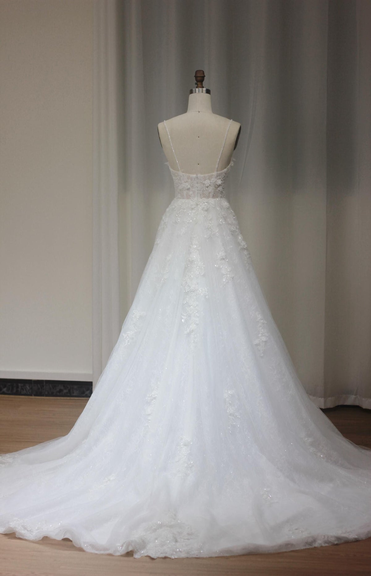 Fairy 3D Floral Tulle A-Line Wedding Dress, Spaghetti Straps Square Neck Bridal Gown, Romantic Lace Long Train Wedding Gown for Elopement