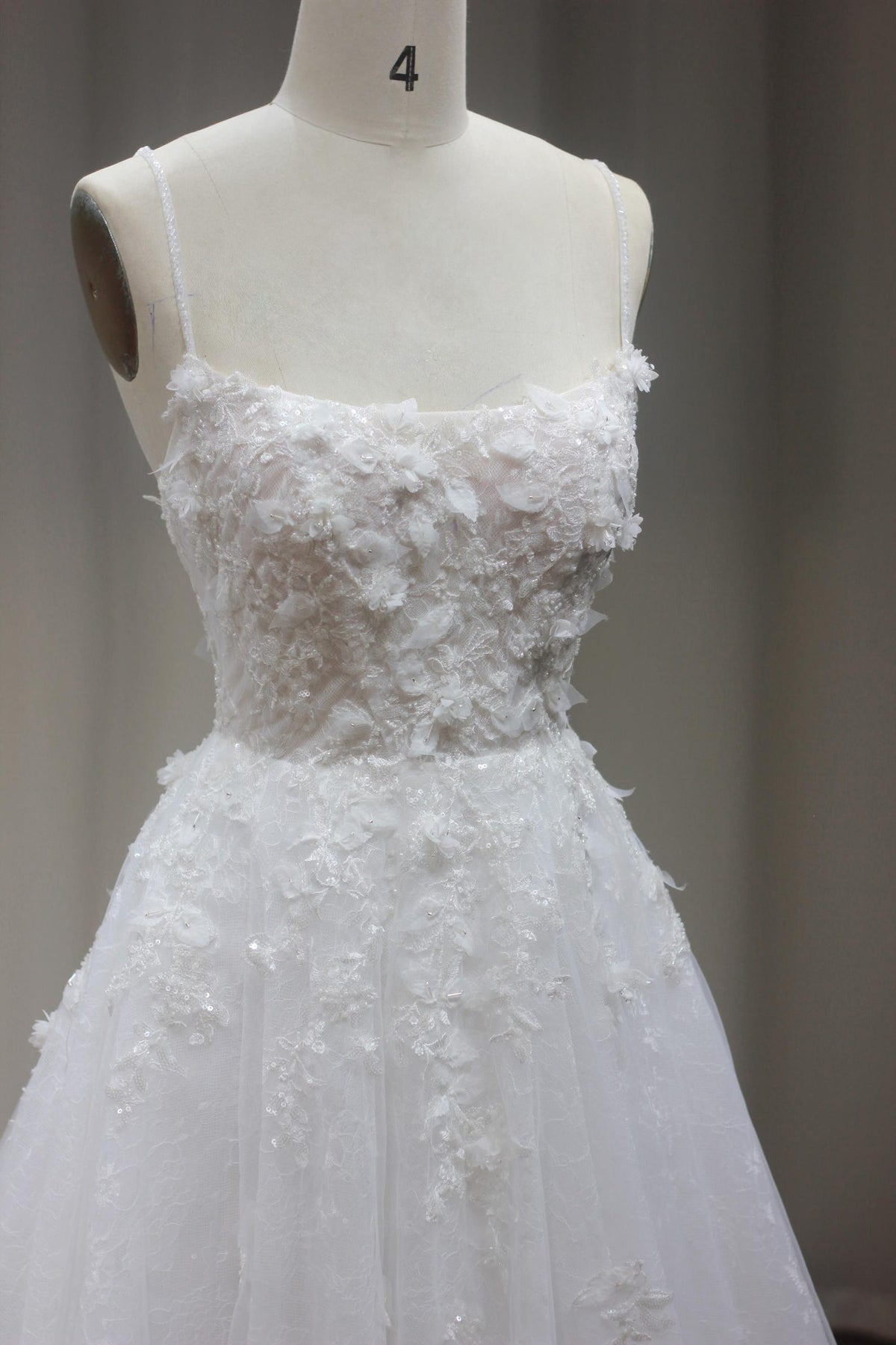 Fairy 3D Floral Tulle A-Line Wedding Dress, Spaghetti Straps Square Neck Bridal Gown, Romantic Lace Long Train Wedding Gown for Elopement