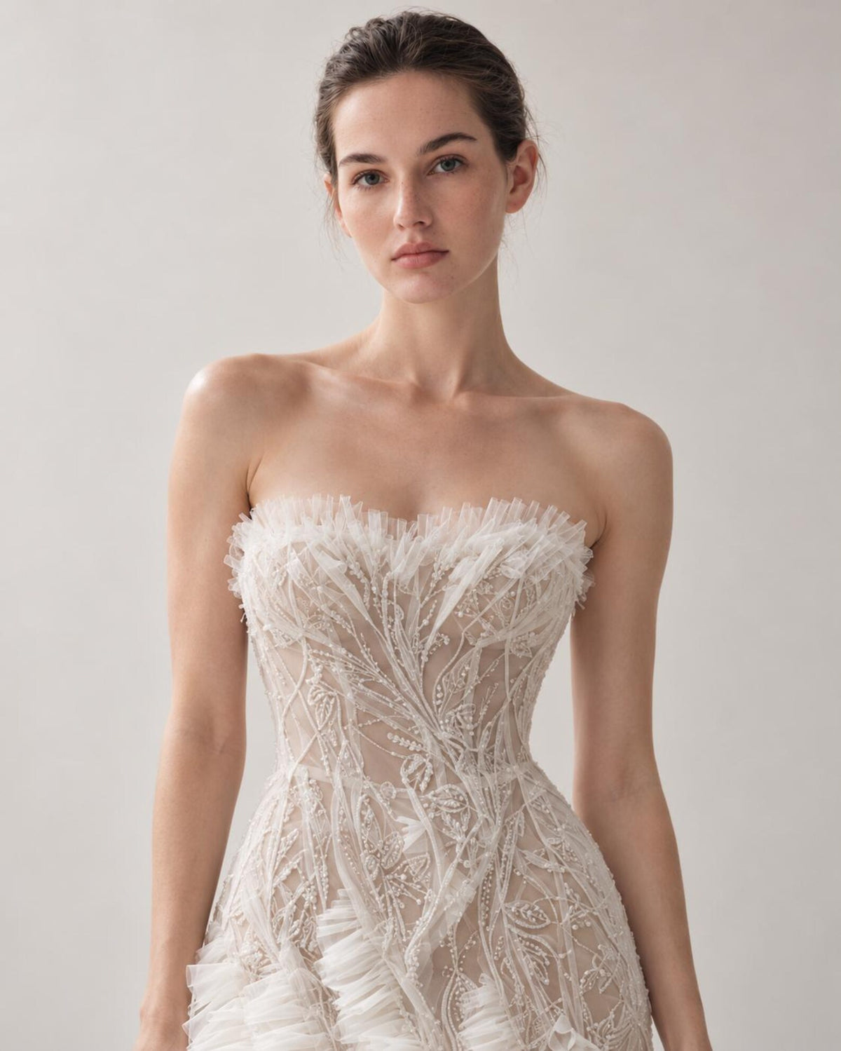 Strapless Sheer Beaded Lace Mermaid Wedding Gown, Ruffled Tulle Fitted Bridal Dress