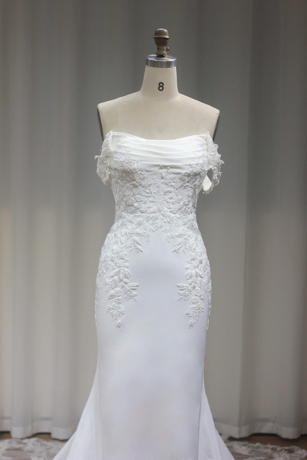 Draped Strapless Off The Shoulder Mermaid Wedding Dress, Lace Appliqué Satin Bridal Gown, Fitted Trumpet Wedding Gown With Train