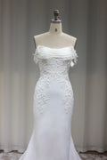 Draped Strapless Off The Shoulder Mermaid Wedding Dress, Lace Appliqué Satin Bridal Gown, Fitted Trumpet Wedding Gown With Train
