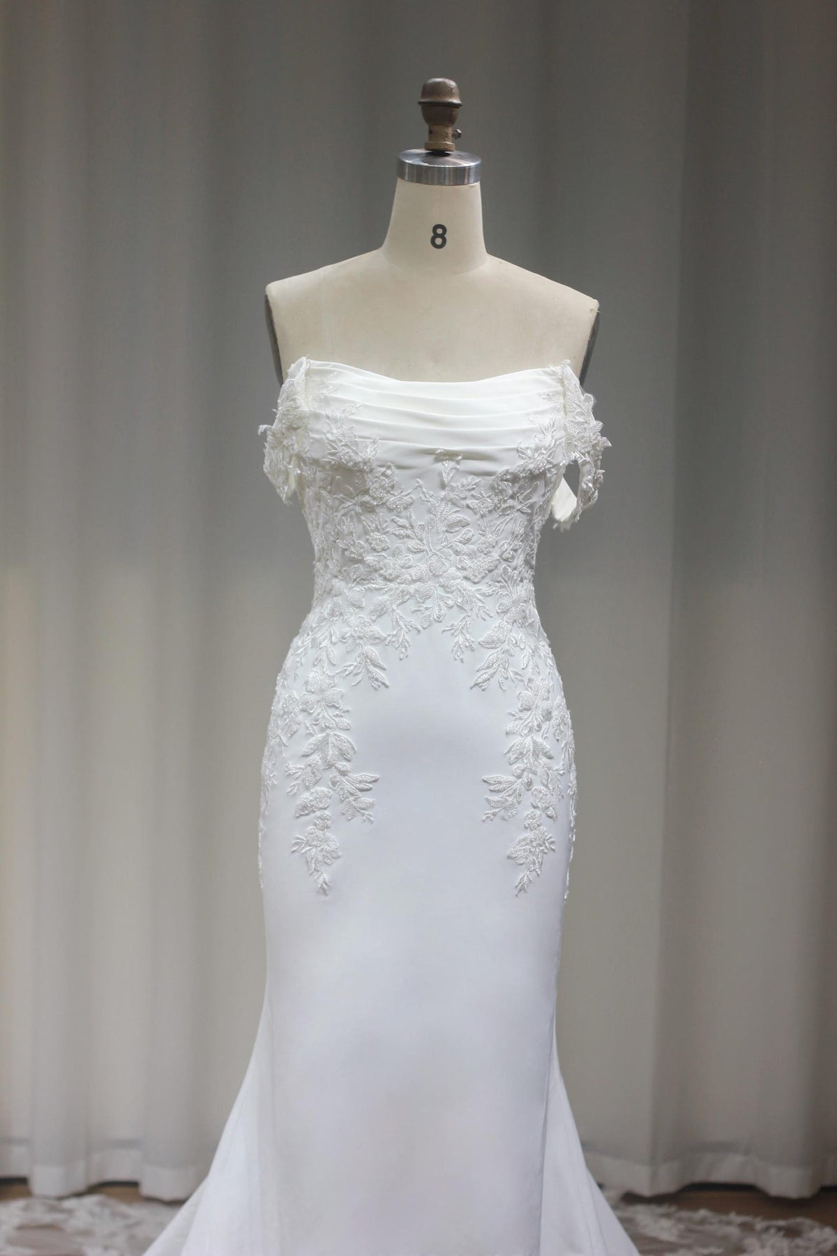 Draped Strapless Off The Shoulder Mermaid Wedding Dress, Lace Appliqué Satin Bridal Gown, Fitted Trumpet Wedding Gown With Train