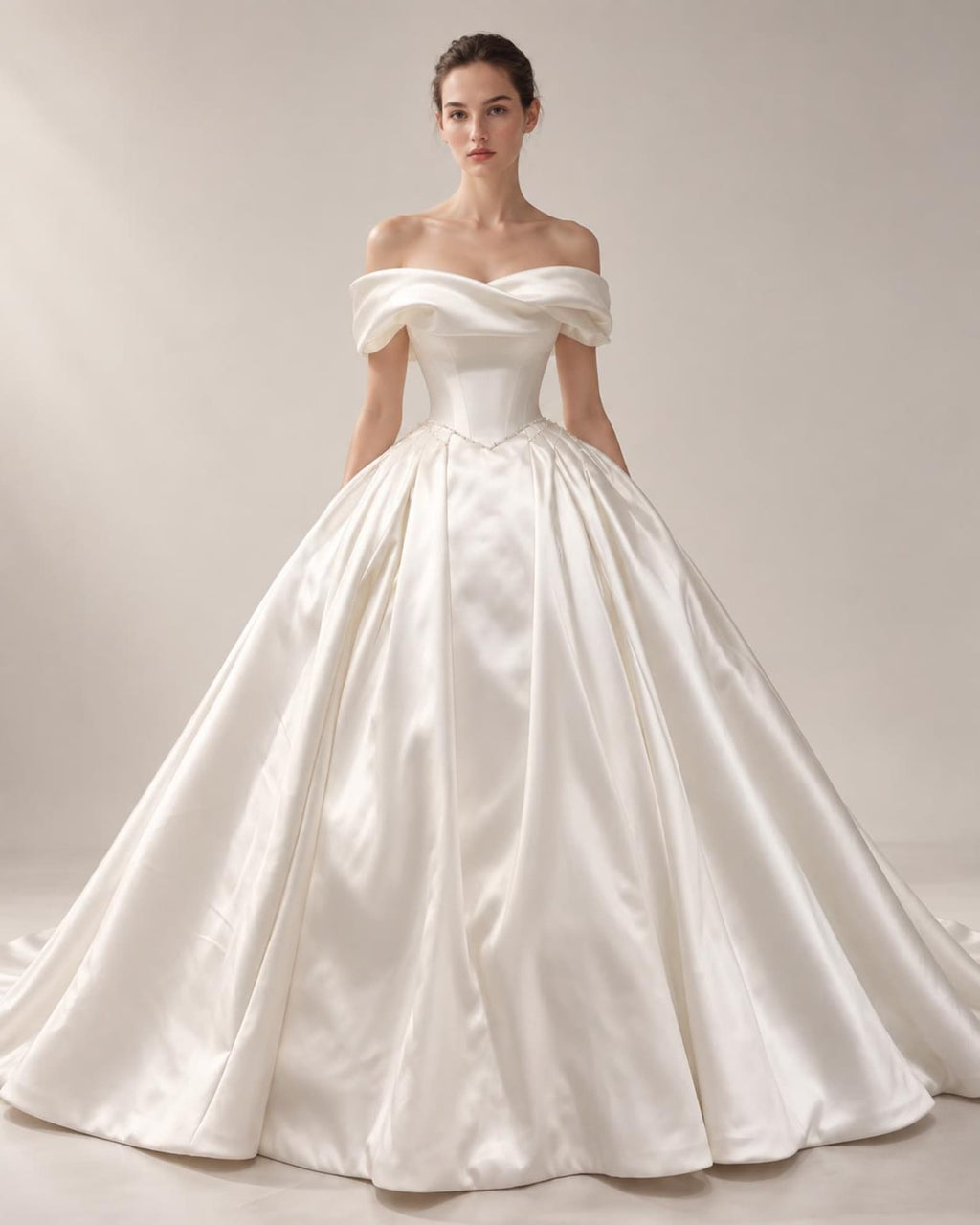 Off Shoulder Fold Satin Ball Gown Wedding Dress, Voluminous Luxury Satin Bridal Gown