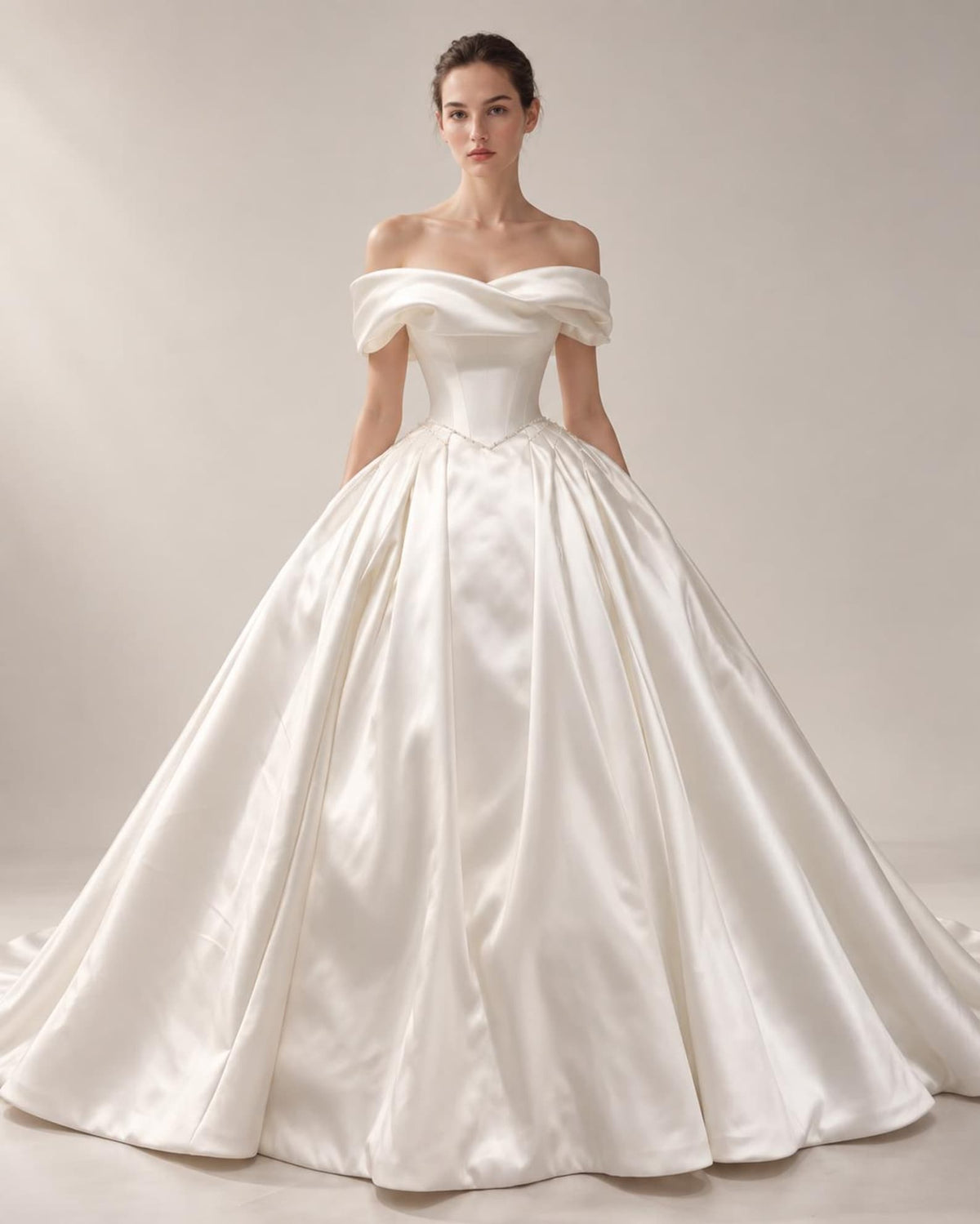 Off Shoulder Fold Satin Ball Gown Wedding Dress, Voluminous Luxury Satin Bridal Gown