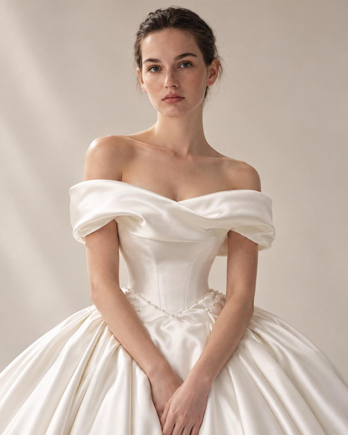 Off Shoulder Fold Satin Ball Gown Wedding Dress, Voluminous Luxury Satin Bridal Gown