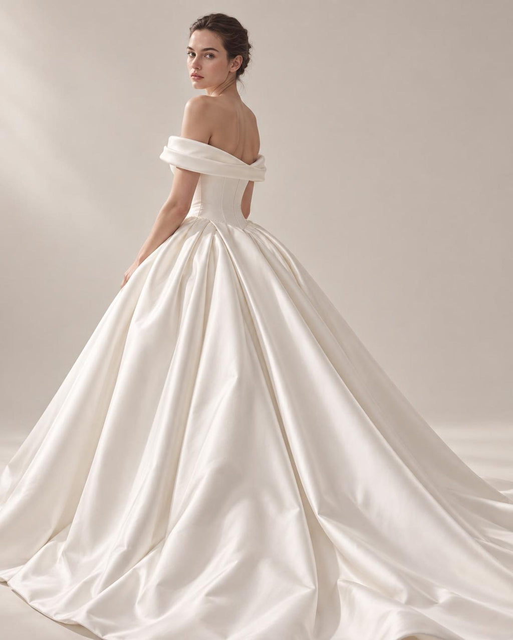 Off Shoulder Fold Satin Ball Gown Wedding Dress, Voluminous Luxury Satin Bridal Gown
