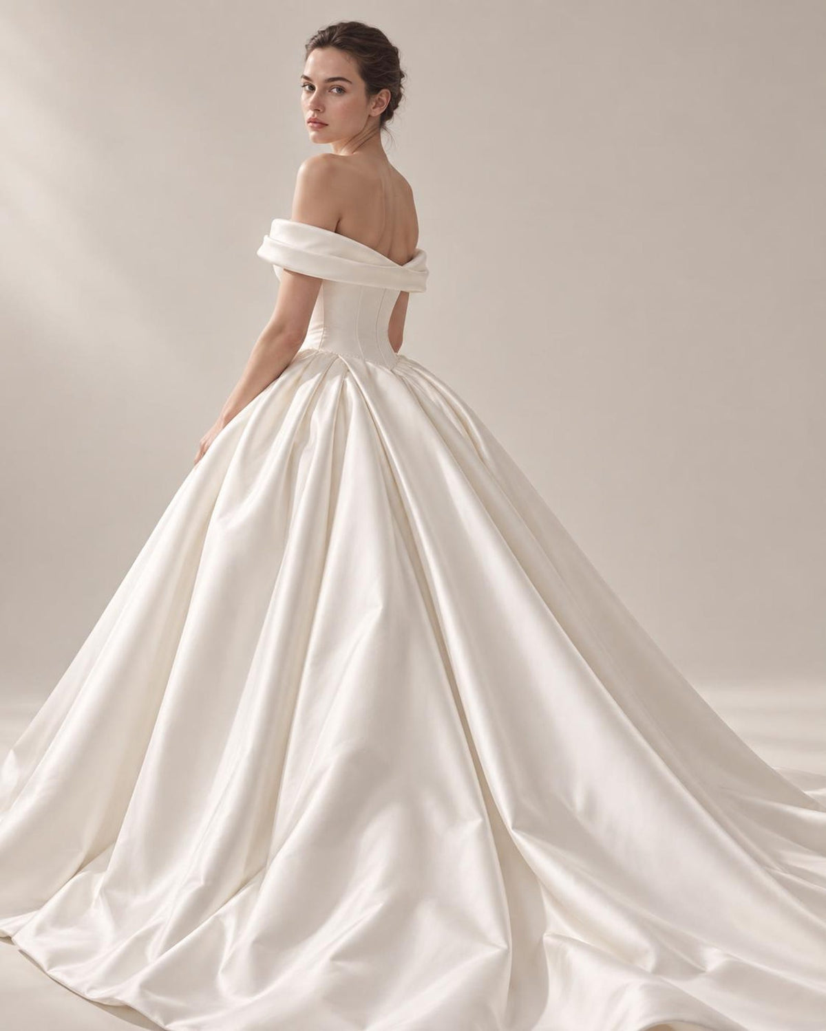 Off Shoulder Fold Satin Ball Gown Wedding Dress, Voluminous Luxury Satin Bridal Gown