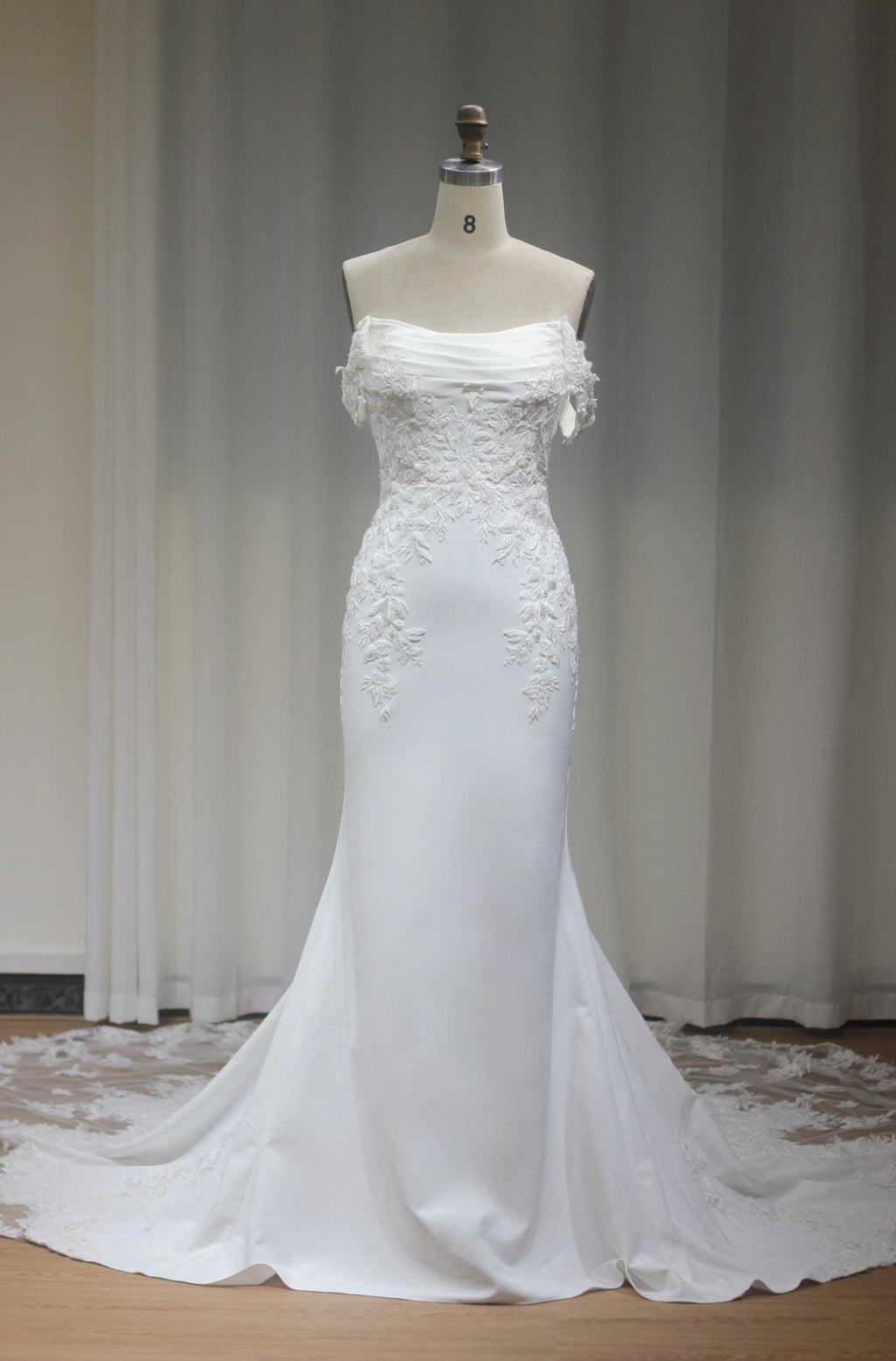 Draped Strapless Off The Shoulder Mermaid Wedding Dress, Lace Appliqué Satin Bridal Gown, Fitted Trumpet Wedding Gown With Train