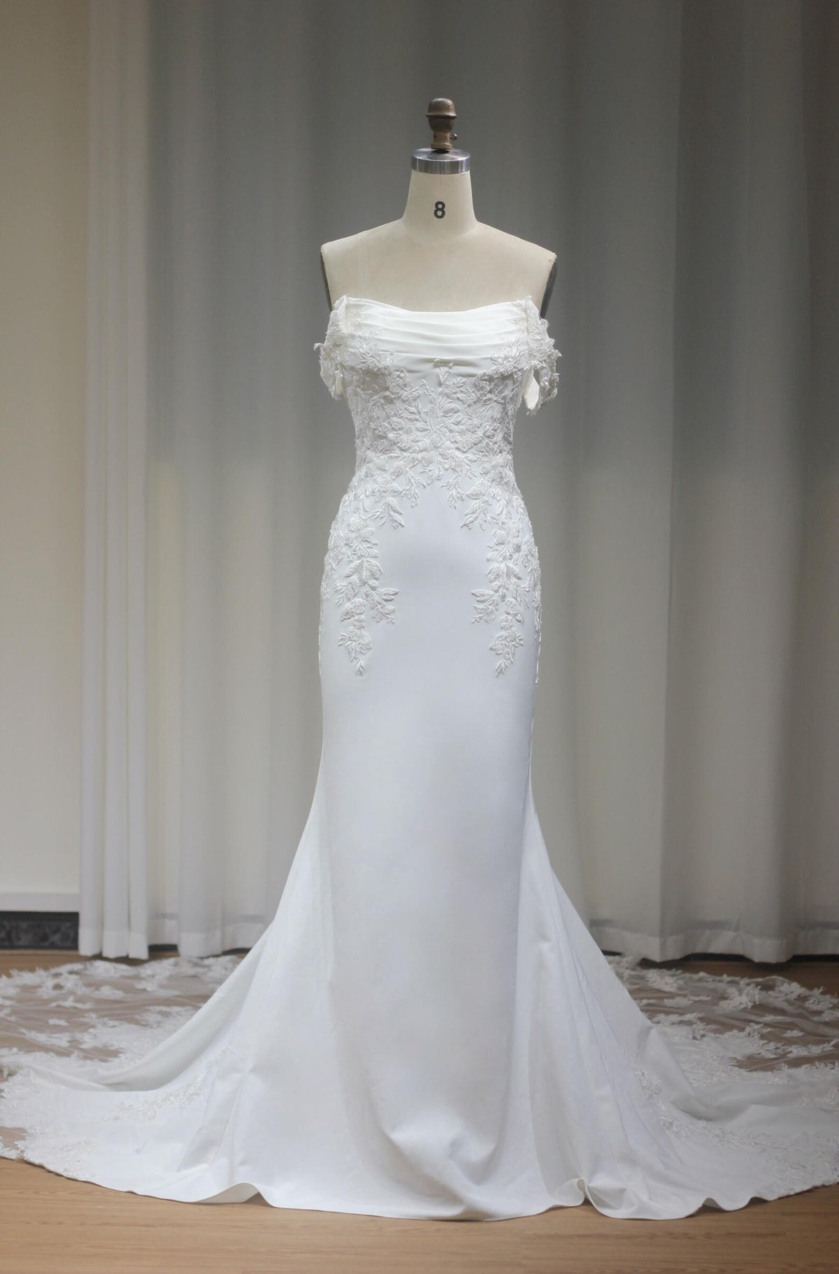Draped Strapless Off The Shoulder Mermaid Wedding Dress, Lace Appliqué Satin Bridal Gown, Fitted Trumpet Wedding Gown With Train
