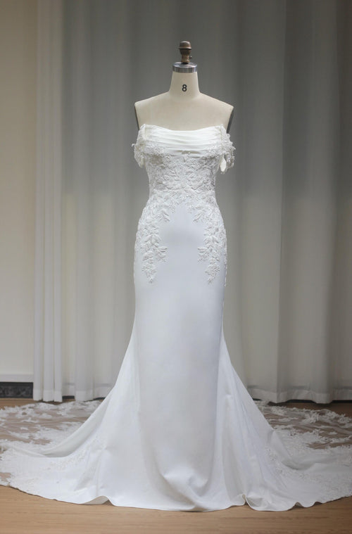 Draped Strapless Off The Shoulder Mermaid Wedding Dress, Lace Appliqué Satin Bridal Gown, Fitted Trumpet Wedding Gown With Train
