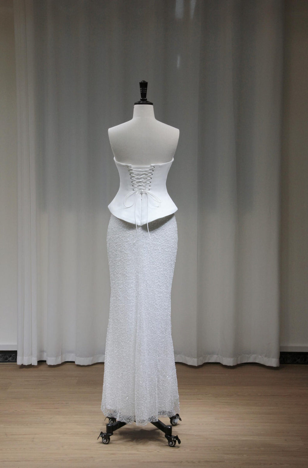 Strapless Two Piece Mermaid Wedding Dress, Satin Peplum Top Beaded Skirt Bridal Gown, Minimalist Sparkly Bridal Dress