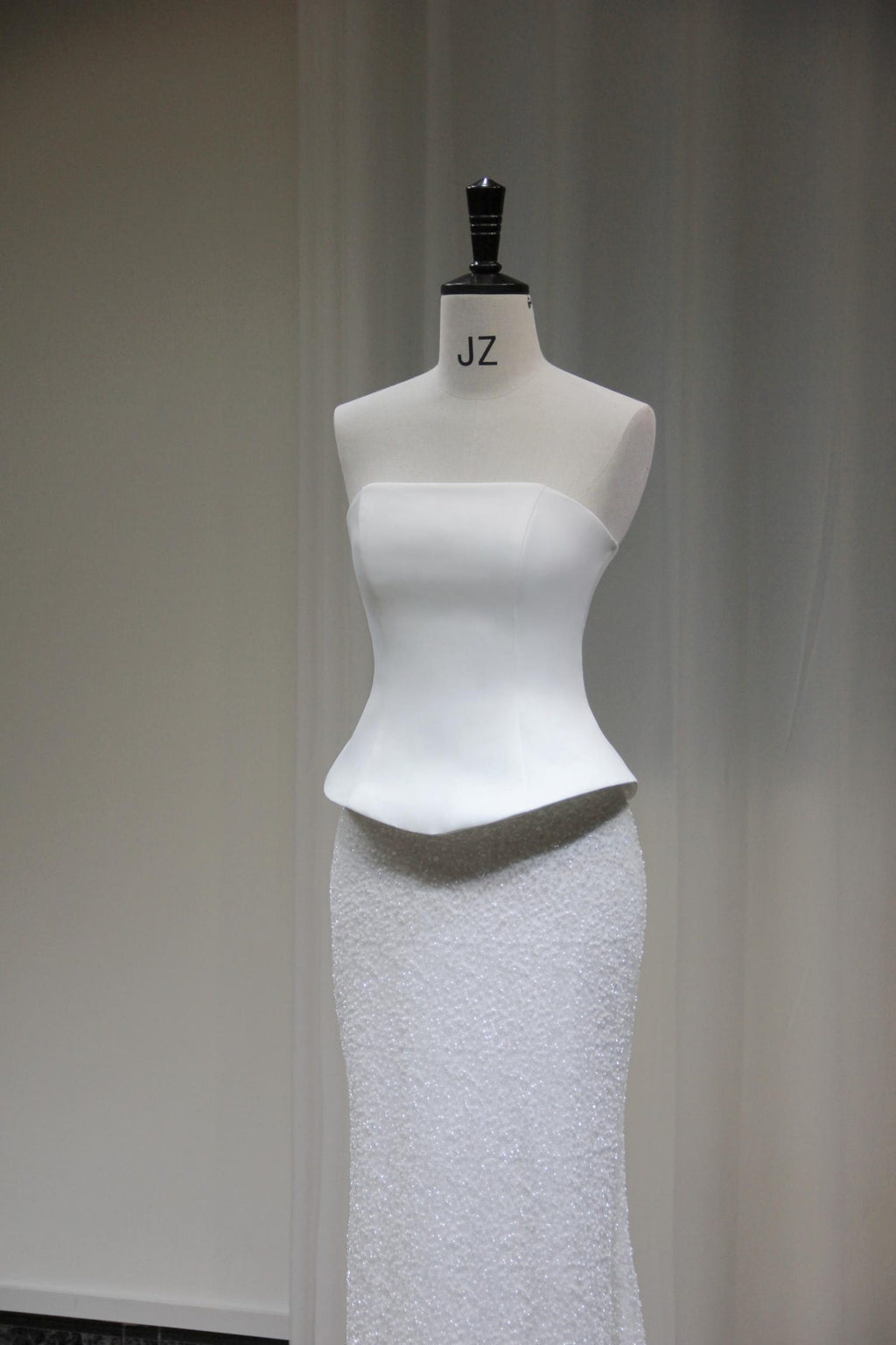 Strapless Two Piece Mermaid Wedding Dress, Satin Peplum Top Beaded Skirt Bridal Gown, Minimalist Sparkly Bridal Dress