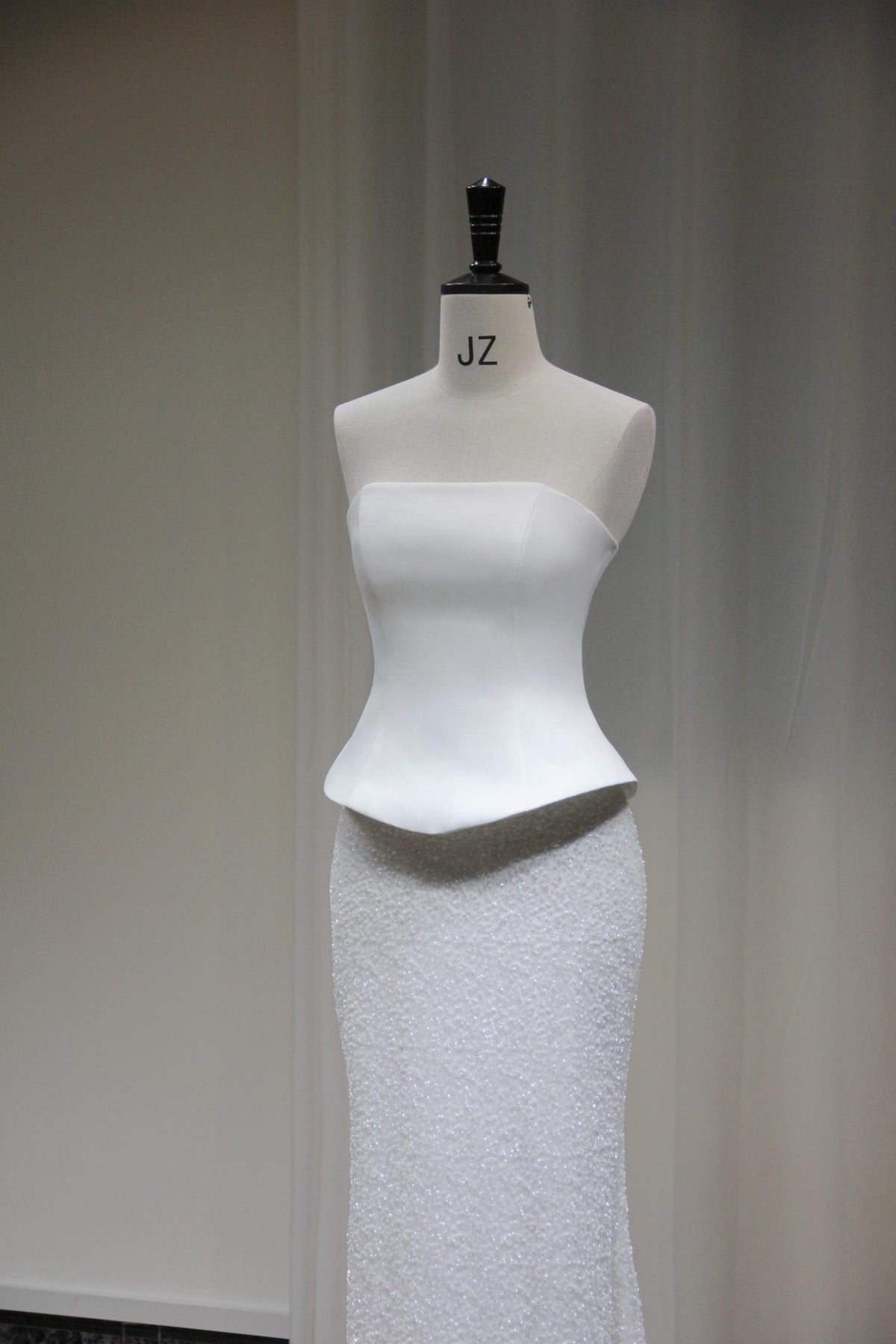Strapless Two Piece Mermaid Wedding Dress, Satin Peplum Top Beaded Skirt Bridal Gown, Minimalist Sparkly Bridal Dress