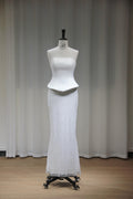 Strapless Two Piece Mermaid Wedding Dress, Satin Peplum Top Beaded Skirt Bridal Gown, Minimalist Sparkly Bridal Dress