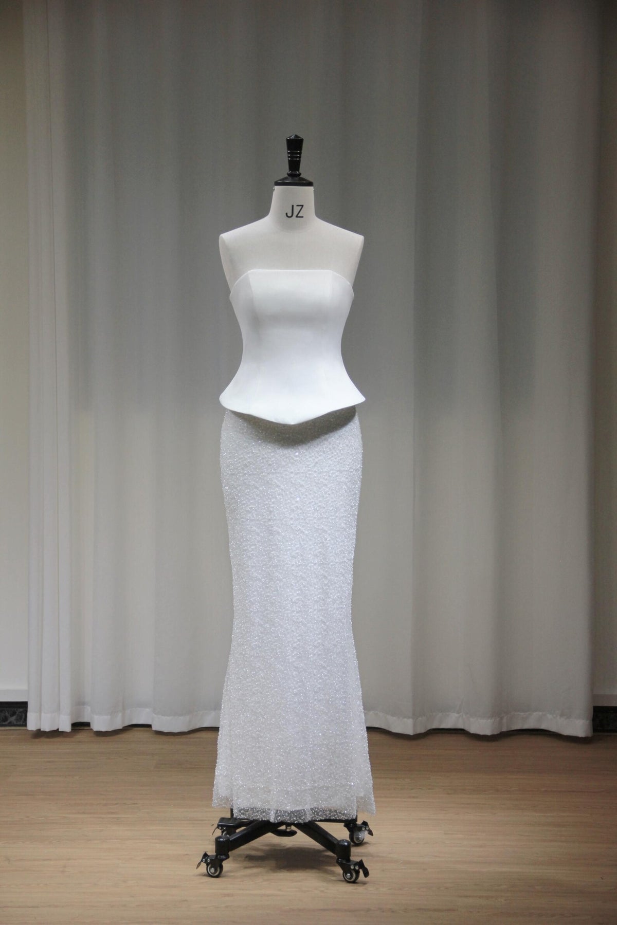 Strapless Two Piece Mermaid Wedding Dress, Satin Peplum Top Beaded Skirt Bridal Gown, Minimalist Sparkly Bridal Dress