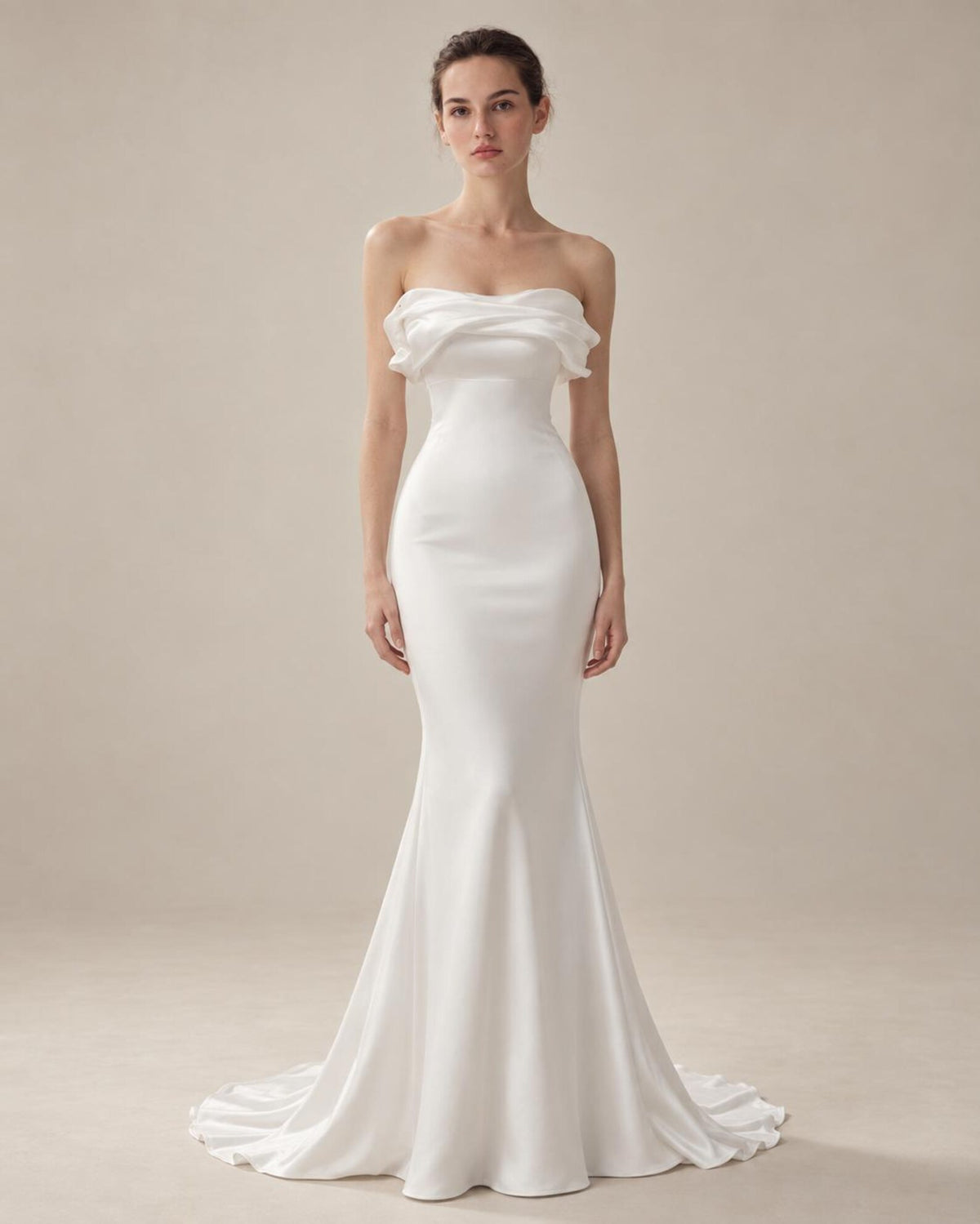 Draped Off Shoulder Mermaid Wedding Dress, Soft Satin Bridal Gown With Lace Beaded Veil