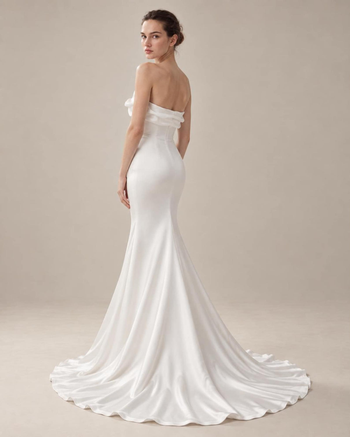 Draped Off Shoulder Mermaid Wedding Dress, Soft Satin Bridal Gown With Lace Beaded Veil