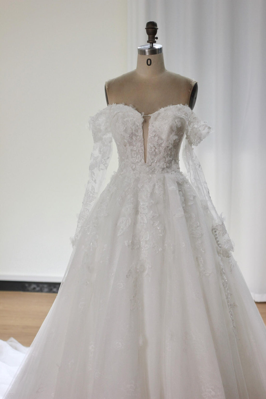 Off The Shoulder 3D Floral A-Line Wedding Dress, Deep V Lace Tulle Bridal Gown, Puff Sleeve Romantic Wedding Gown With Long Train