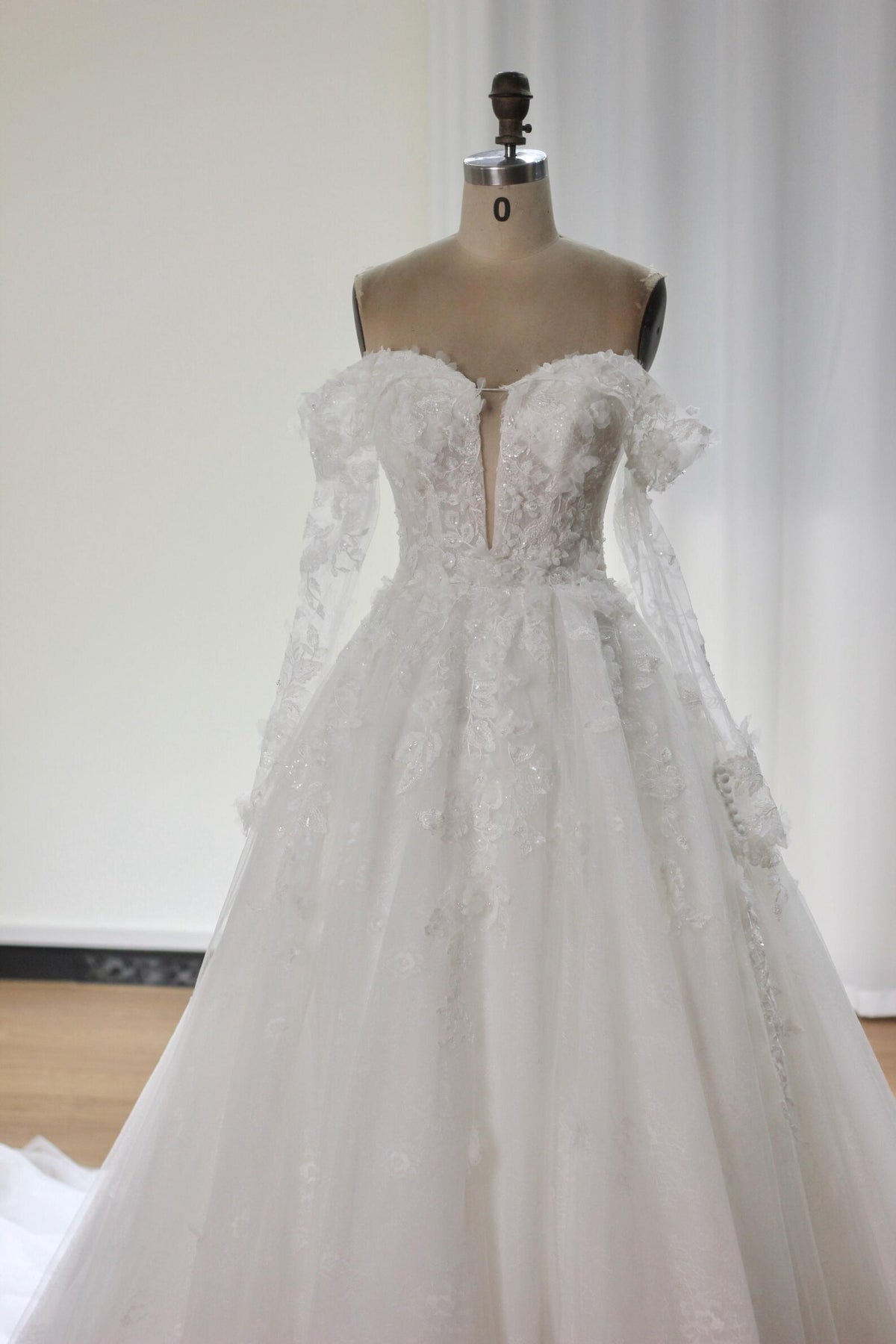 Off The Shoulder 3D Floral A-Line Wedding Dress, Deep V Lace Tulle Bridal Gown, Puff Sleeve Romantic Wedding Gown With Long Train