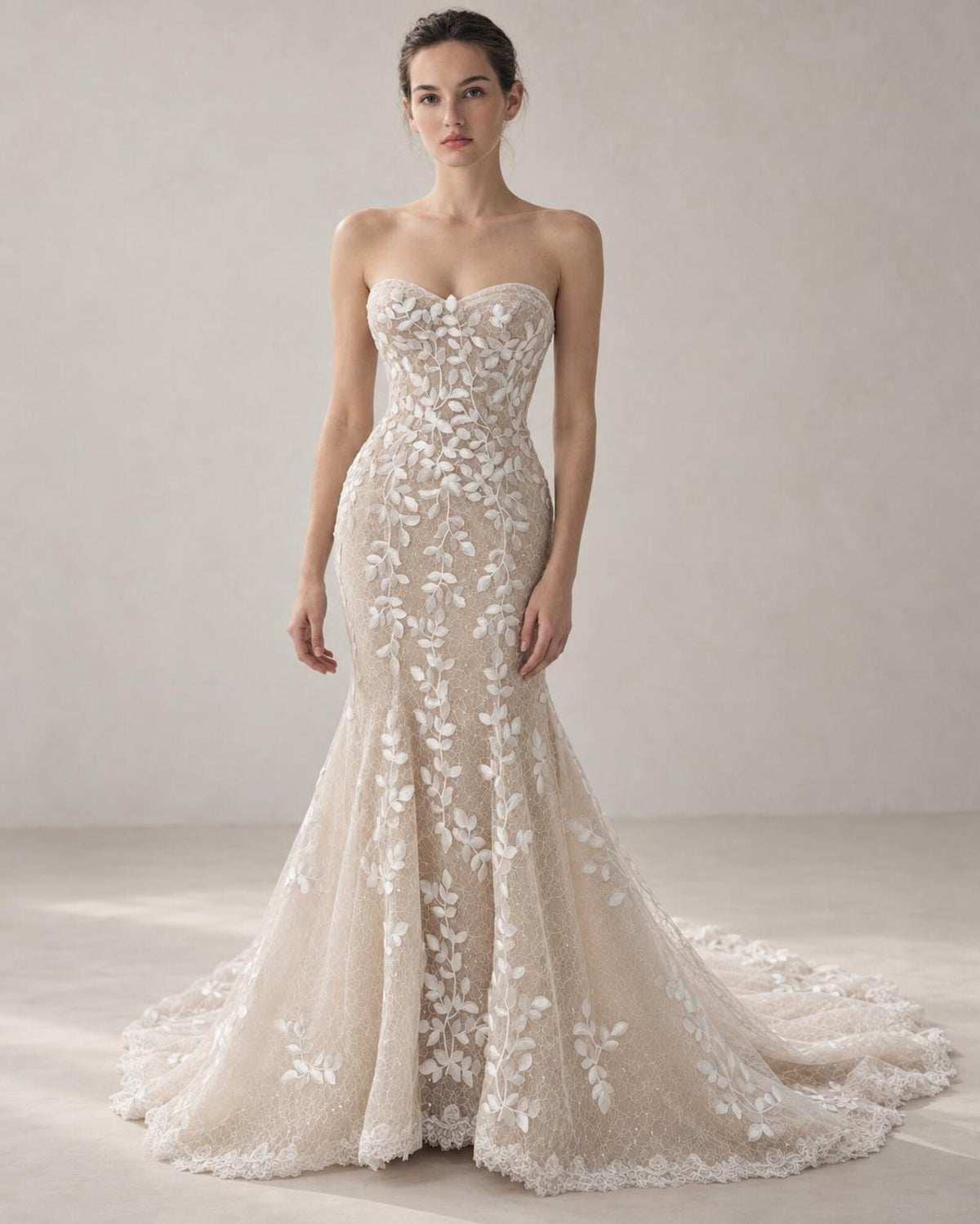 Sweetheart Strapless Mermaid Wedding Dress, 3D Leaf Lace Nude Tulle Bridal Gown With Train