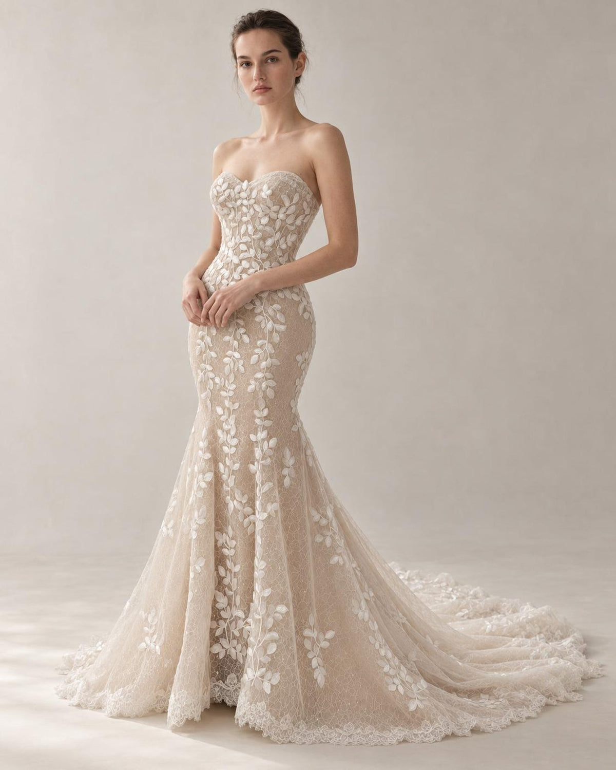 Sweetheart Strapless Mermaid Wedding Dress, 3D Leaf Lace Nude Tulle Bridal Gown With Train