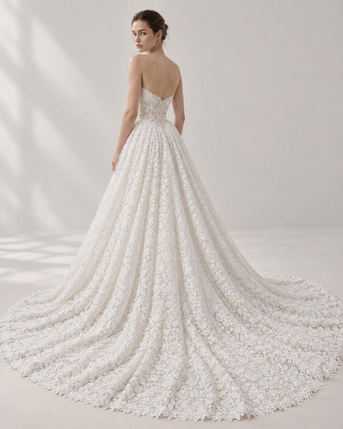 Sweetheart Strapless All Lace A-Line Wedding Dress, Full Lace Bridal Gown With Chapel Train