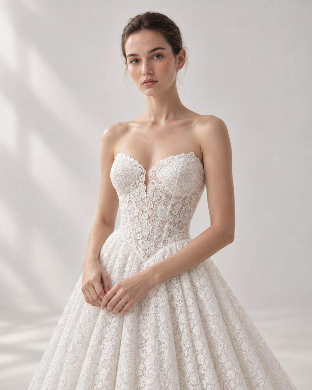 Sweetheart Strapless All Lace A-Line Wedding Dress, Full Lace Bridal Gown With Chapel Train