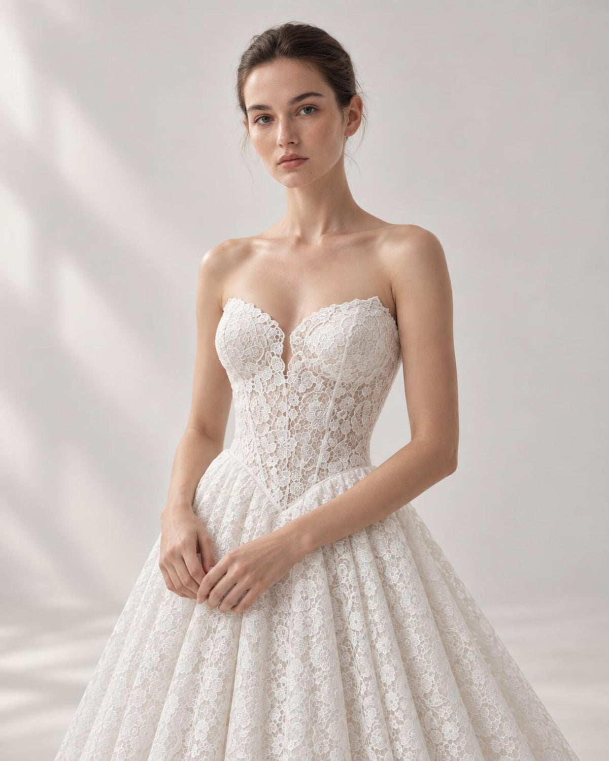Sweetheart Strapless All Lace A-Line Wedding Dress, Full Lace Bridal Gown With Chapel Train