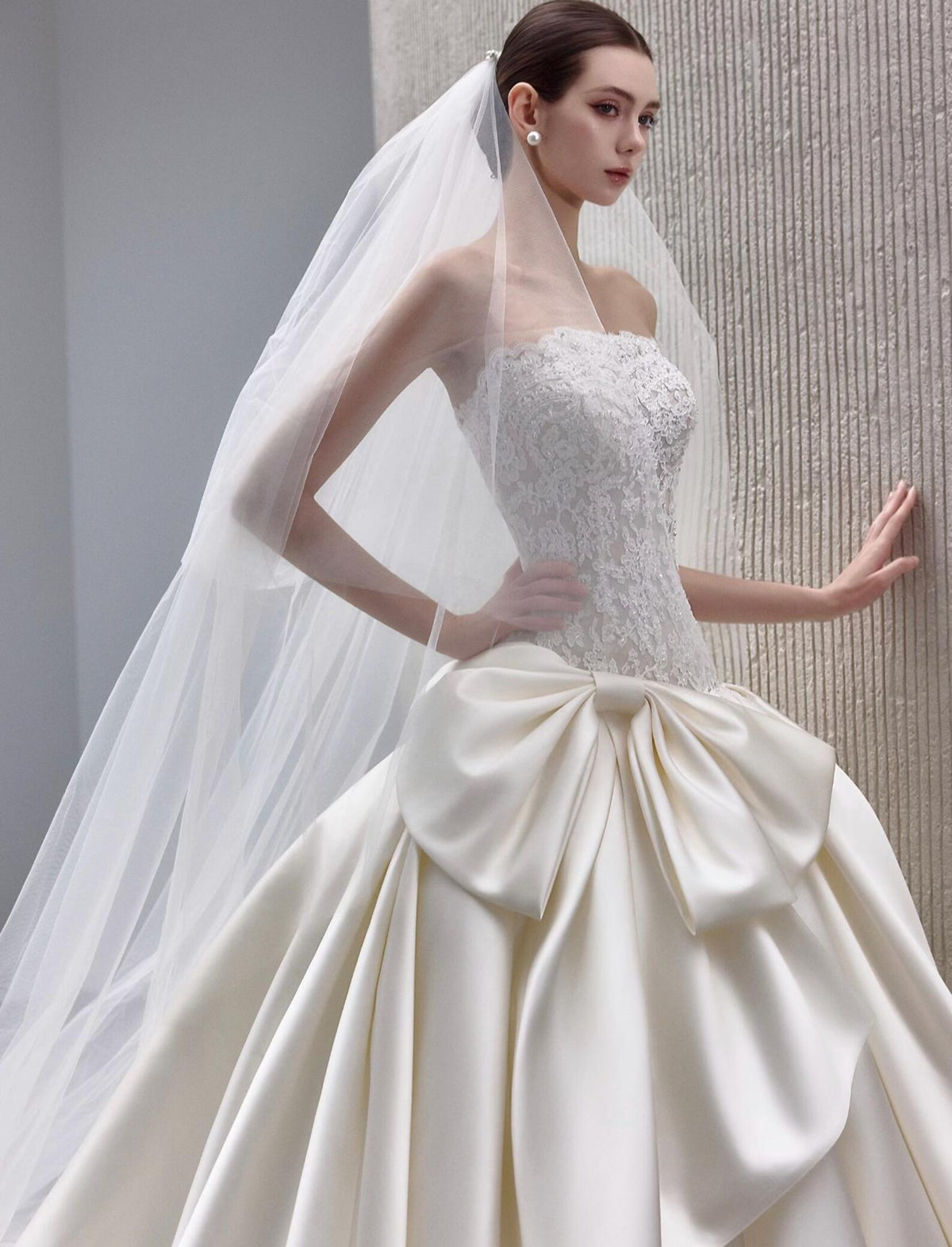 Strapless Lace Satin Ballgown Wedding Dress, Detachable Long Lace Sleeves, Big Bow Princess Bridal Gown, Vintage Cathedral Wedding Gown