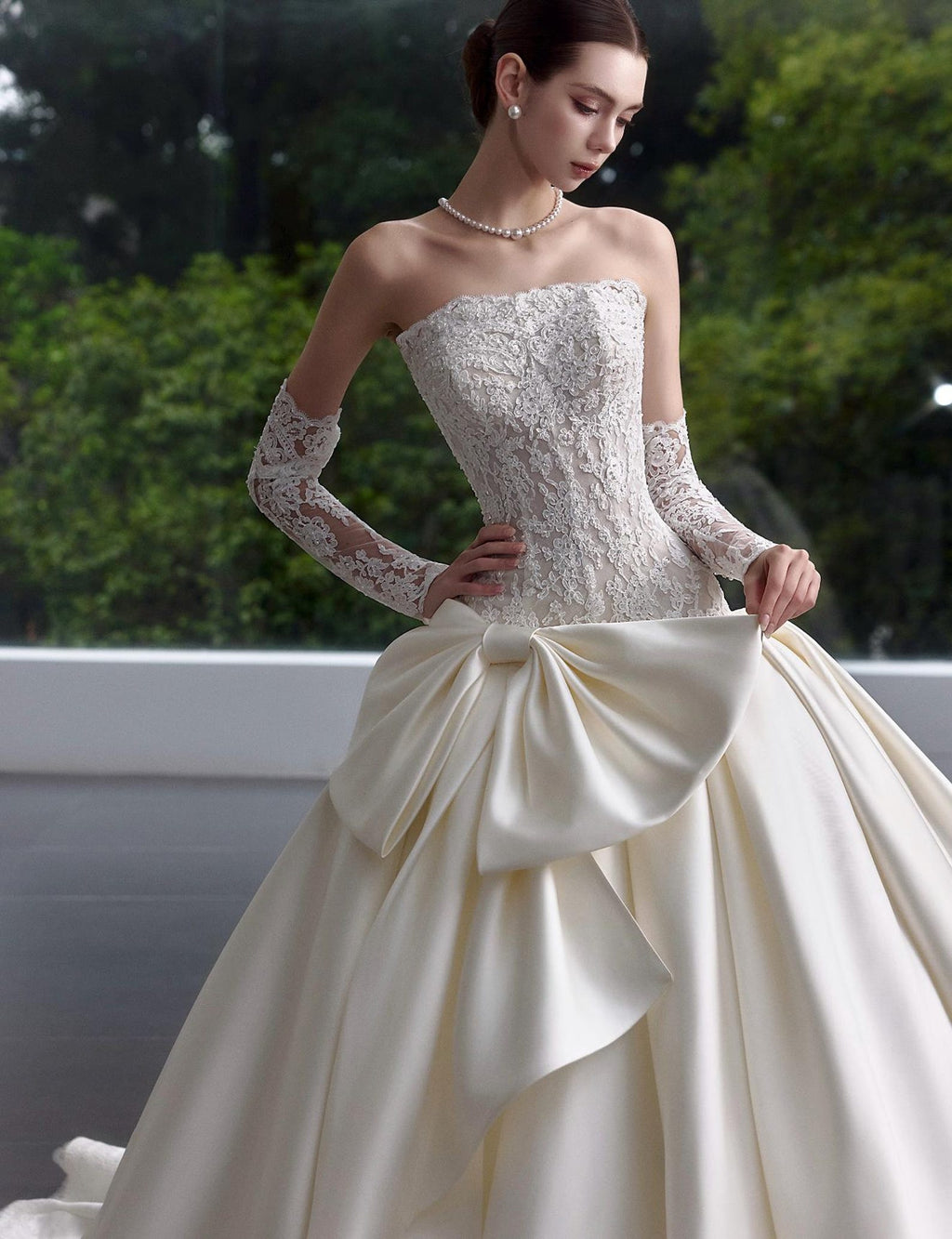 Strapless Lace Satin Ballgown Wedding Dress, Detachable Long Lace Sleeves, Big Bow Princess Bridal Gown, Vintage Cathedral Wedding Gown