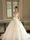 Strapless Sweetheart 3D Floral Tulle Ballgown Wedding Dress, Large Bow Bridal Gown, Romantic 3D Flower Princess Wedding Gown