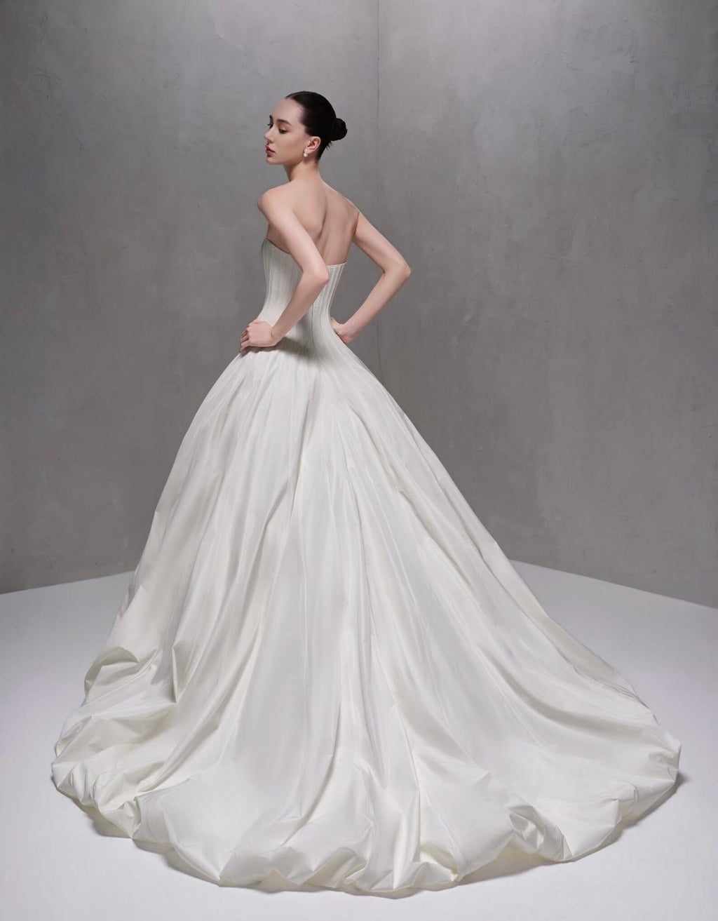 Minimalist Strapless Satin Ballgown Wedding Dress, Architectural Bandeau Corset Bridal Gown, Clean Modern Mikado Wedding Gown