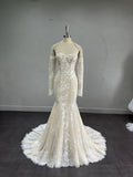 Mermaid Wedding Dress, Detachable Long Lace Sleeves, 3D Floral Lace Corset Bridal Gown