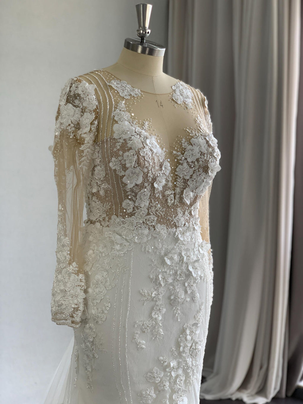 Long Sleeve 3D Floral Lace A Line Wedding Dress, Illusion Neck Tulle Bridal Gown