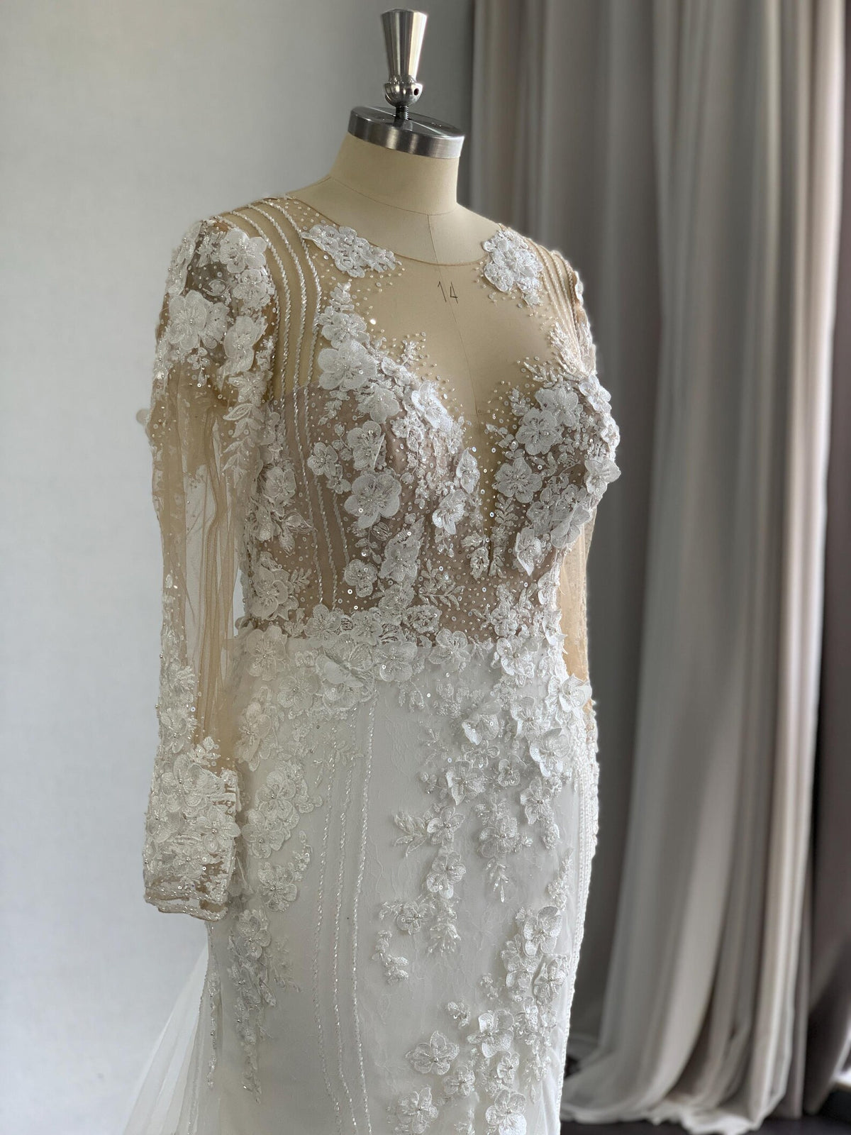 Long Sleeve 3D Floral Lace A Line Wedding Dress, Illusion Neck Tulle Bridal Gown