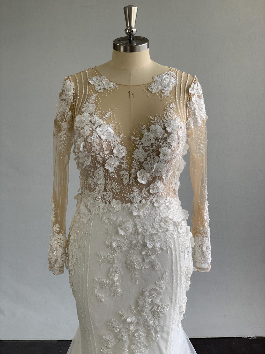 Long Sleeve 3D Floral Lace A Line Wedding Dress, Illusion Neck Tulle Bridal Gown