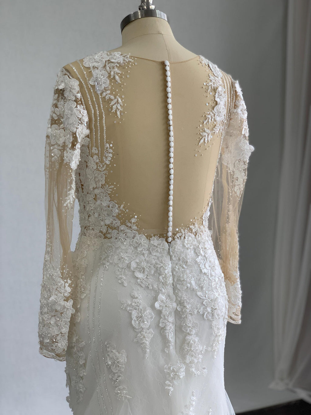 Long Sleeve 3D Floral Lace A Line Wedding Dress, Illusion Neck Tulle Bridal Gown