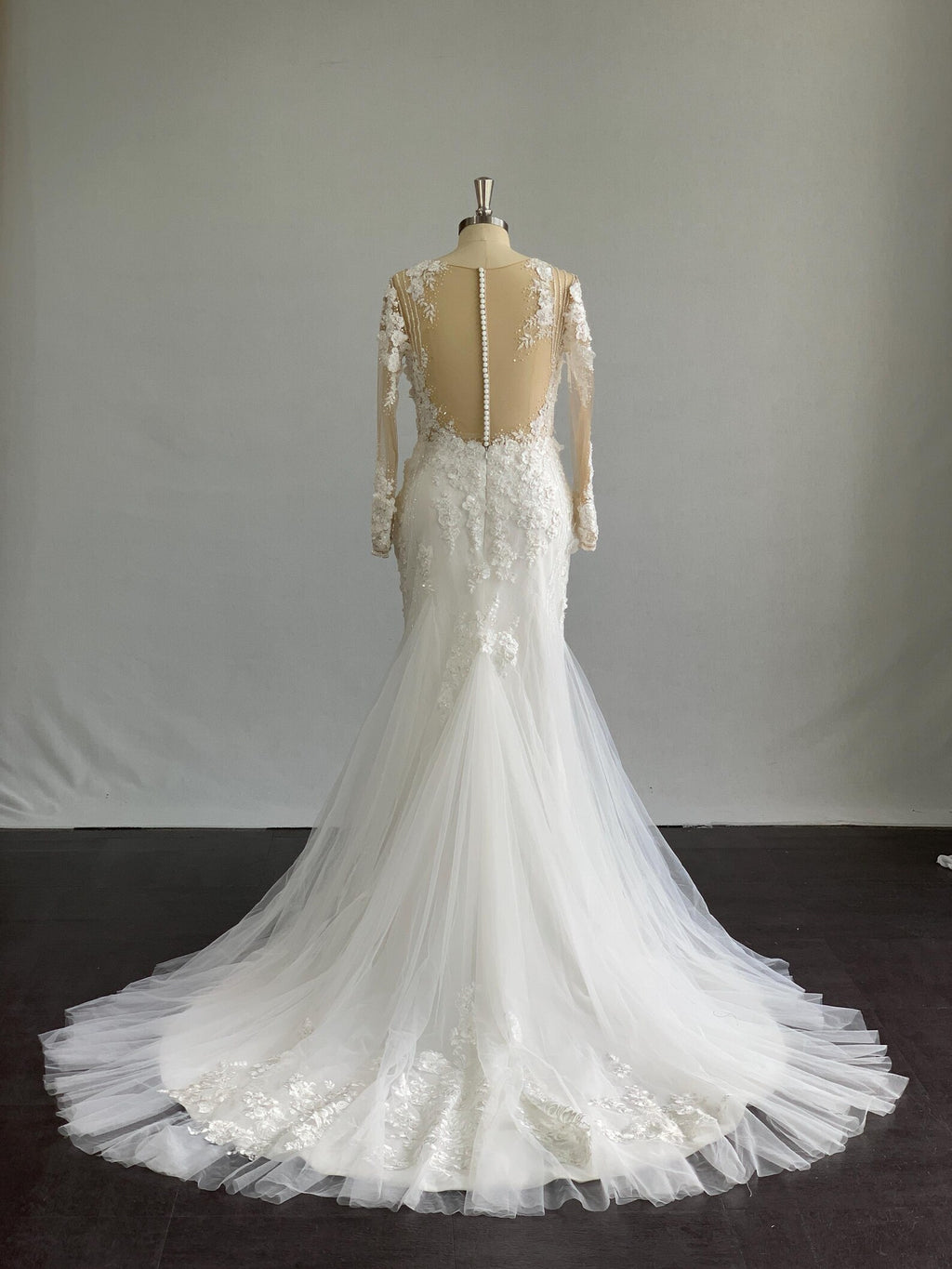Long Sleeve 3D Floral Lace A Line Wedding Dress, Illusion Neck Tulle Bridal Gown