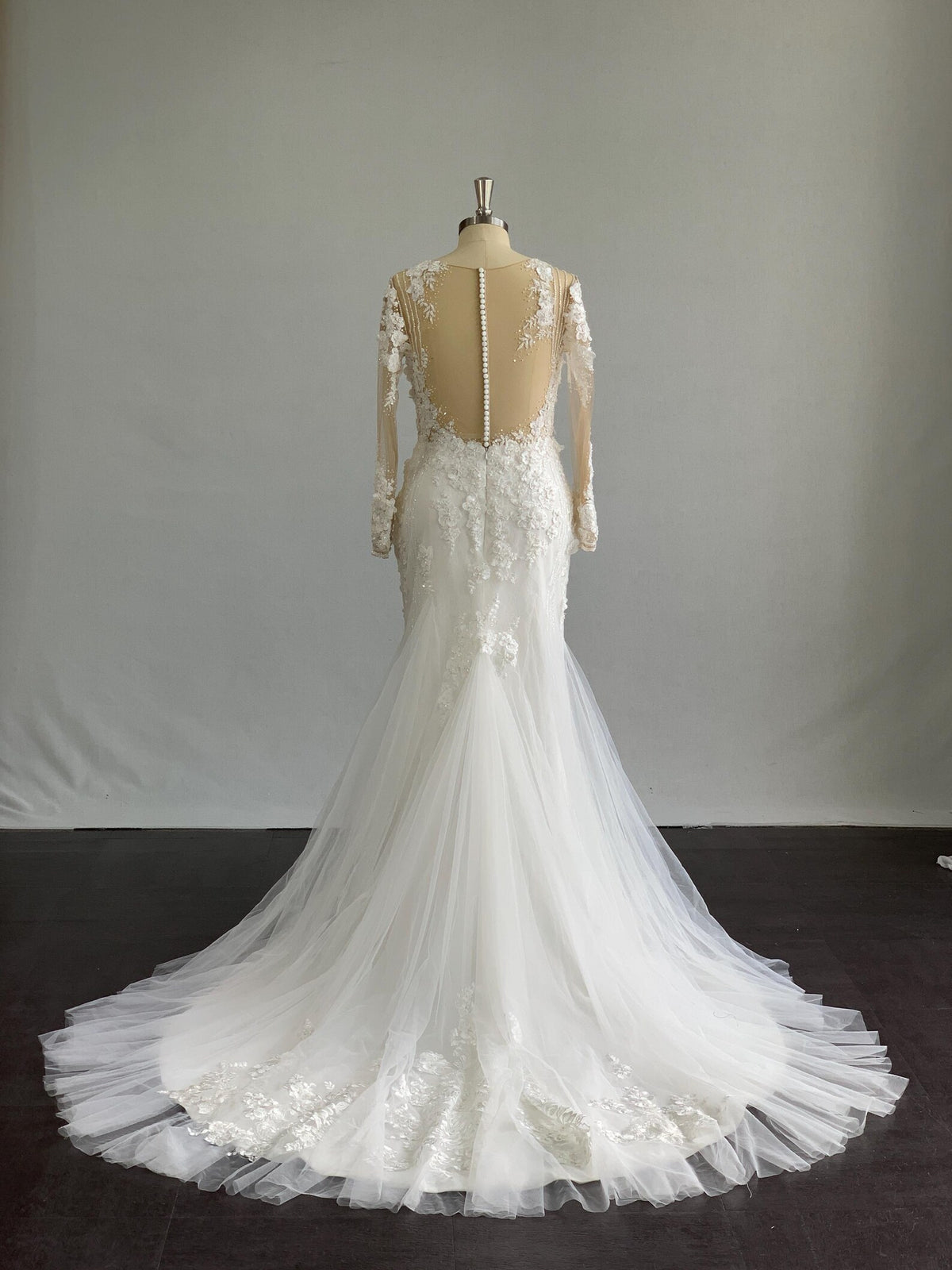 Long Sleeve 3D Floral Lace A Line Wedding Dress, Illusion Neck Tulle Bridal Gown