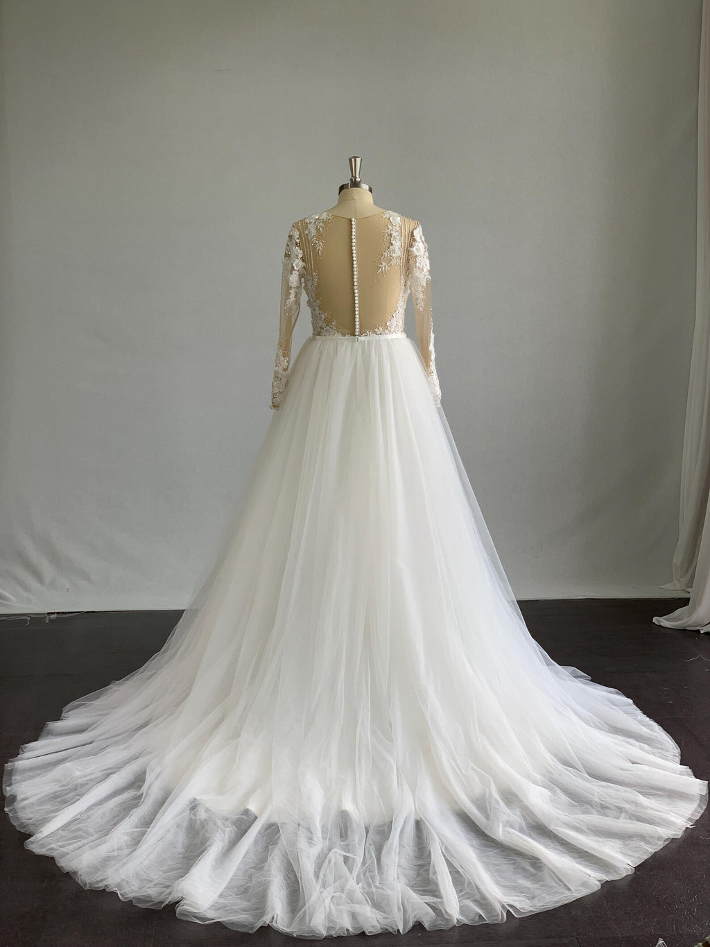 Long Sleeve 3D Floral Lace A Line Wedding Dress, Illusion Neck Tulle Bridal Gown