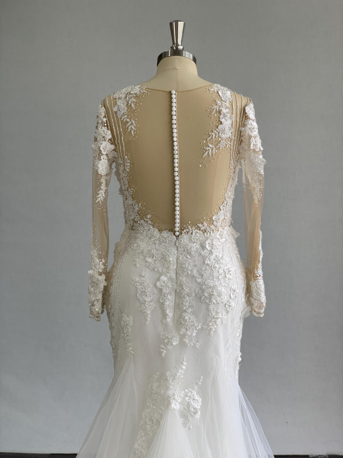 Long Sleeve 3D Floral Lace A Line Wedding Dress, Illusion Neck Tulle Bridal Gown